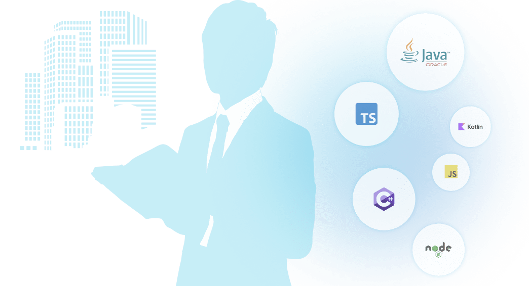 大手企業からベンチャーまで、多様な開発言語と案件の幅を示す図